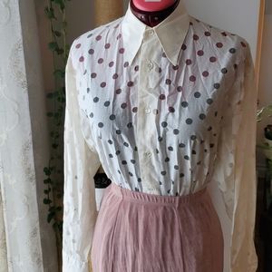 VTG 80s 90s Equipment Made In France Cotton Sheer Polka Dot Shirt